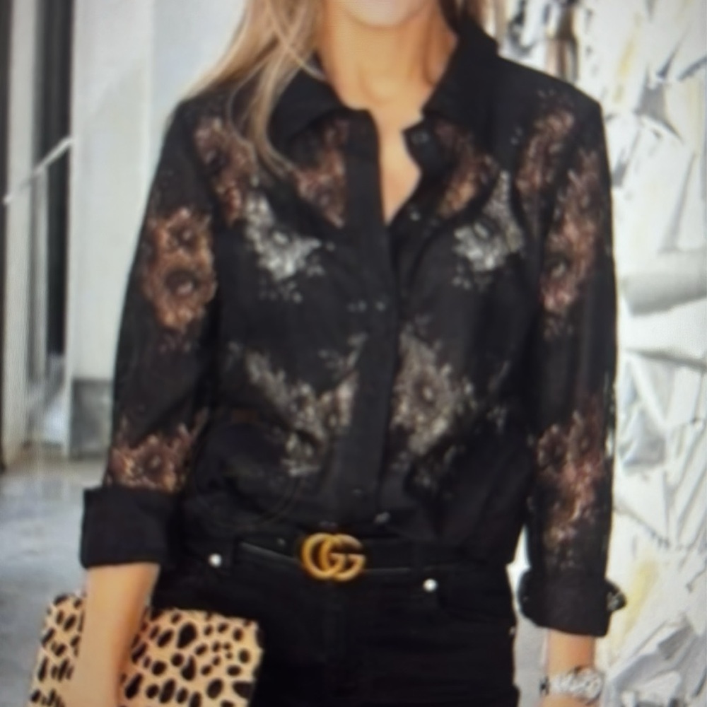 CAbi St. Regis Elegant Black Lace Blouse